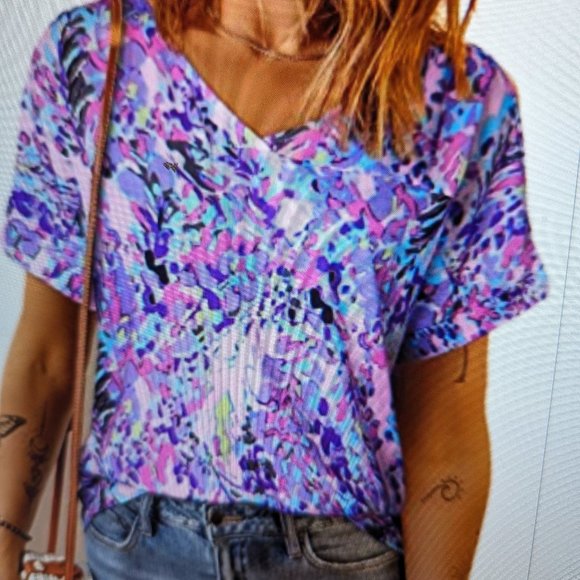 Pink Boho Abstract Floral Print V Neck T Shirt - Picture 1 of 2